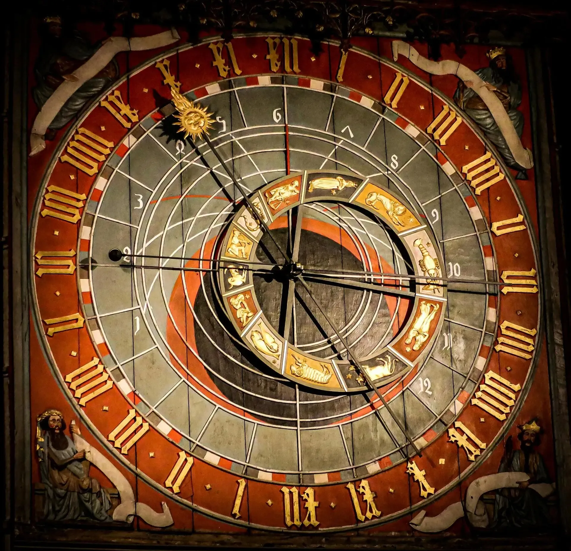 Le cadran d'une horloge astronomique ancienne, avec ses chiffres romains et les signes du zodiaque